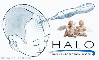 A Verichip is injected into the forehead of infant - HALO logo